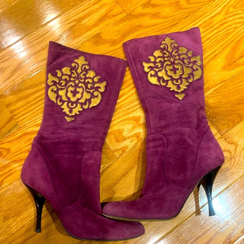 Isabella Fiori, plum suede with gold detail, mid-calf boot, size 7.5